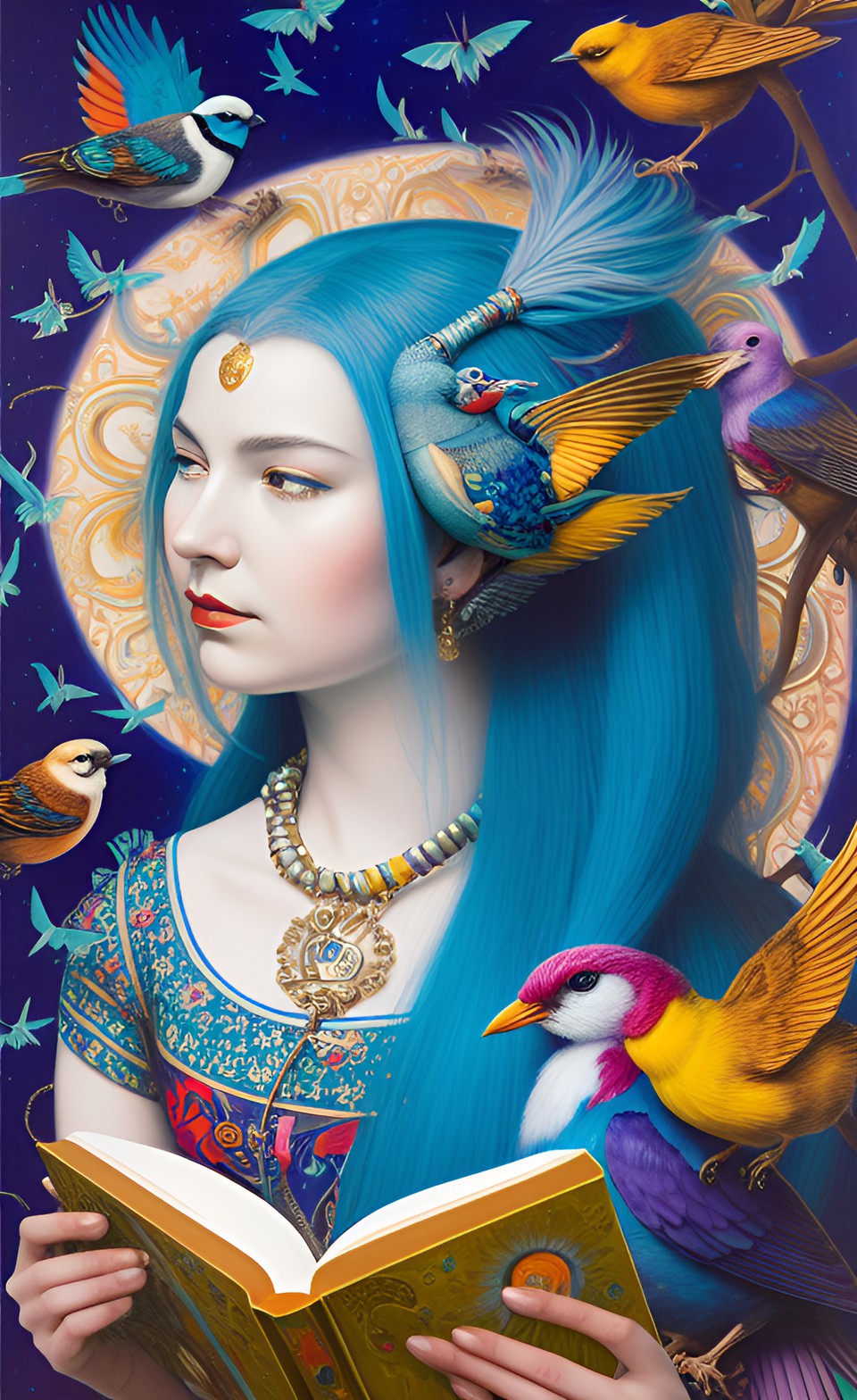 lady with blue hair reading a book with birds on her head preview