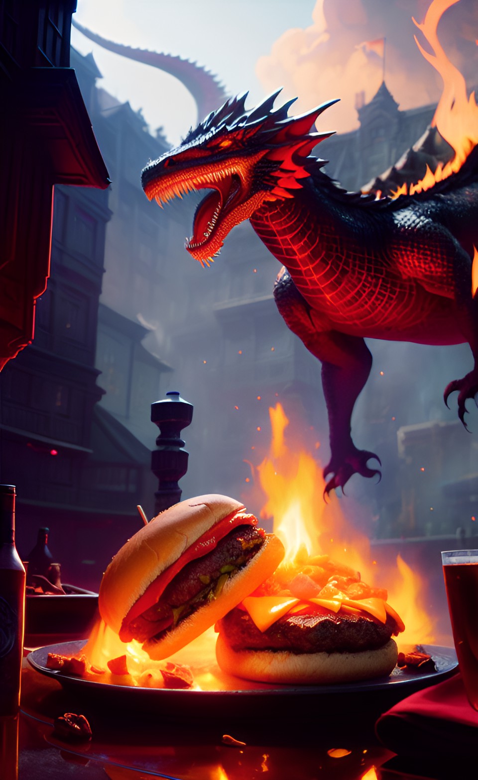 Dragon burger - dragon meat burger, fire, dragons in background preview