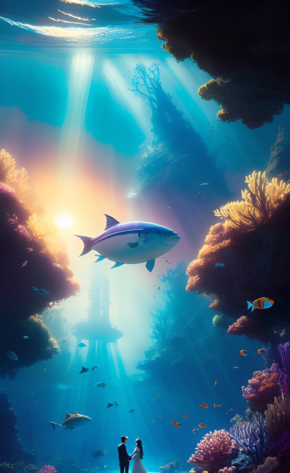 underwater dream landscape with couple in the center surounded by rays of light preview