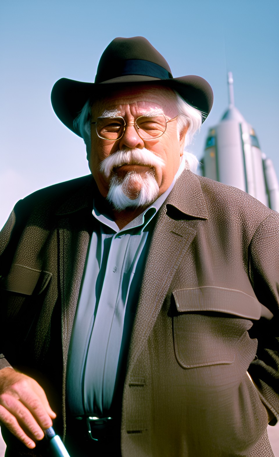 cheerful wilford brimley with cane scifi future retired adventurer at spaceport preview