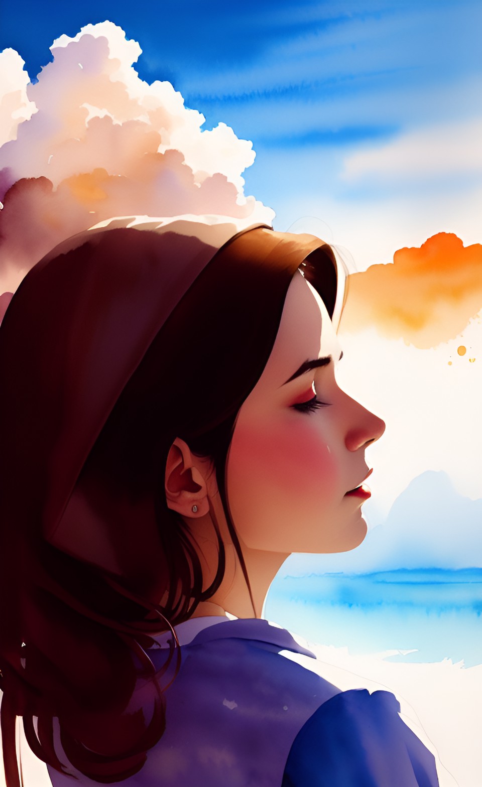 woman aquarell simpl - aquarell face woman from side with clouds  in the background preview