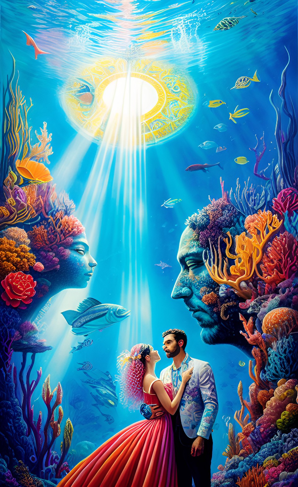 underwater dream landscape with couple in the  center surounded by rays of light preview