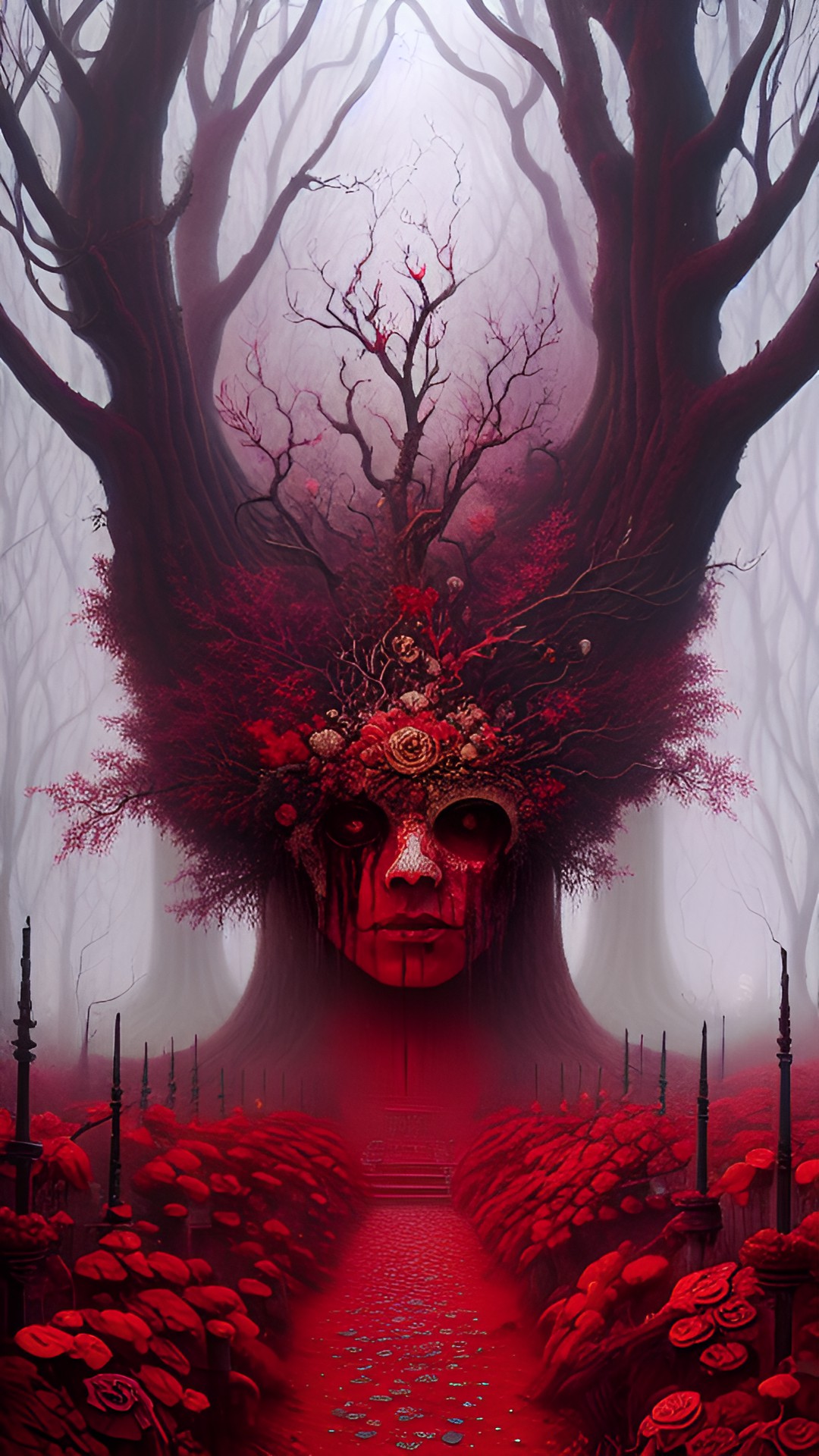 Crimson king 1 - crimson red bloody horrible burgundy. dark destroyed palace in the park. strange trees, flowers. foggy  valley. looks like blood. many details. super-detailed. detailed fantasy hd hyperrealism preview