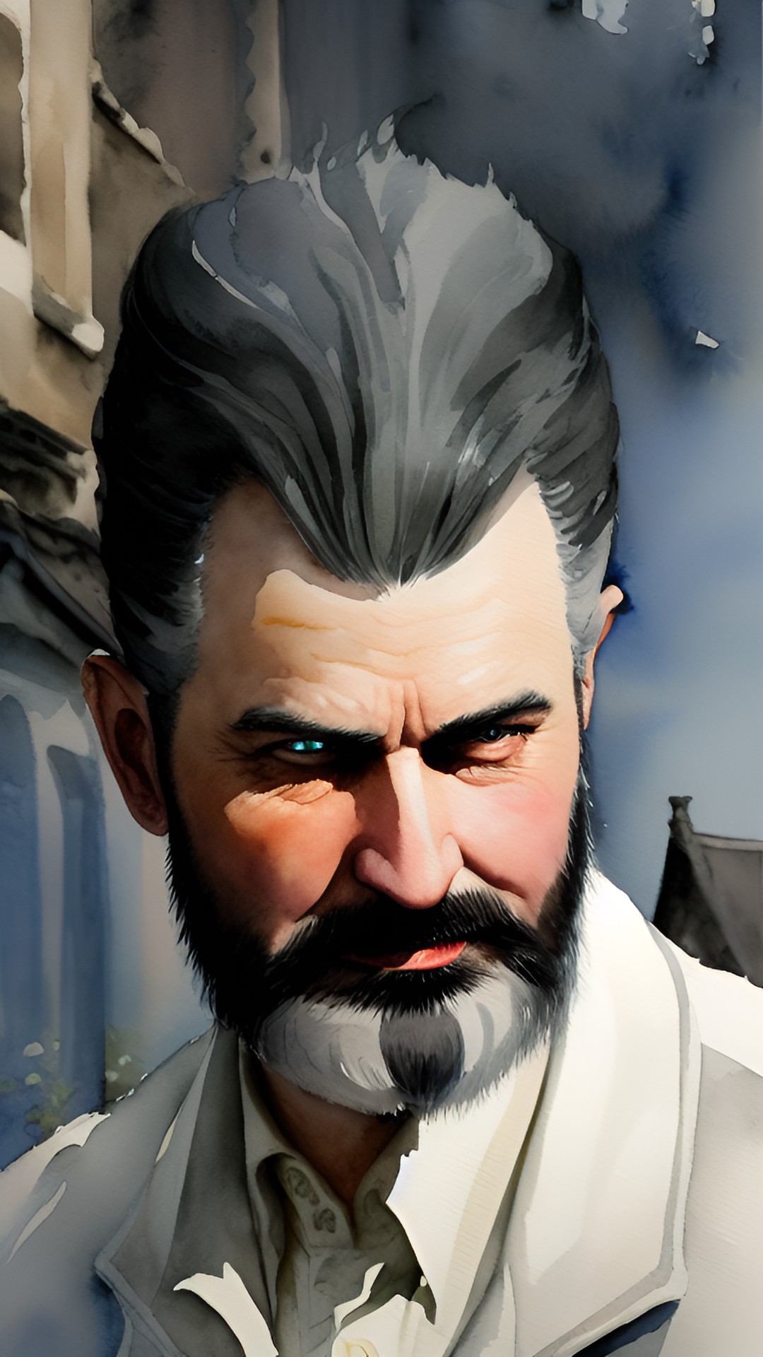 Smiling man - eilhalder von hellmann, man, male vampire, lineage l2, cursed village, aristocrat, warrior  bats. grey skin, white-grey beard hair. detailed fantasy hd hyperrealism. looks like eilhalder von hellmann preview