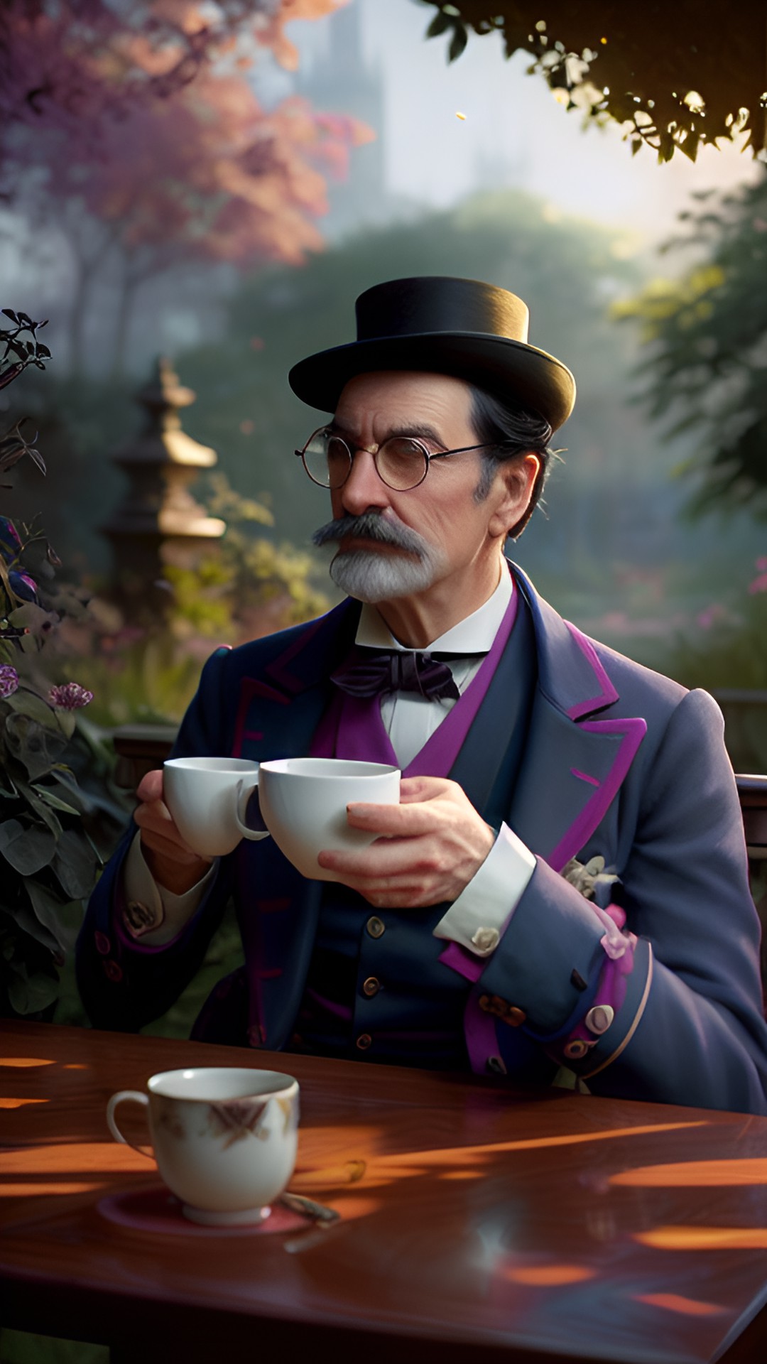 The Lilac Gentleman - a victorian gentleman sipping a cup of coffee in a garden preview