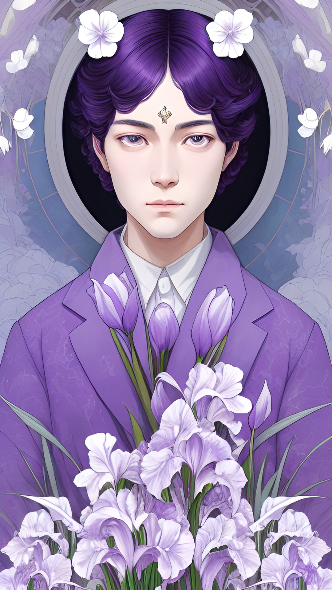 Teraine - white purple irises pale, lilac, forgivemenots, violets, spring, blue marble columns, fantasy hd mystical hyperrealism preview