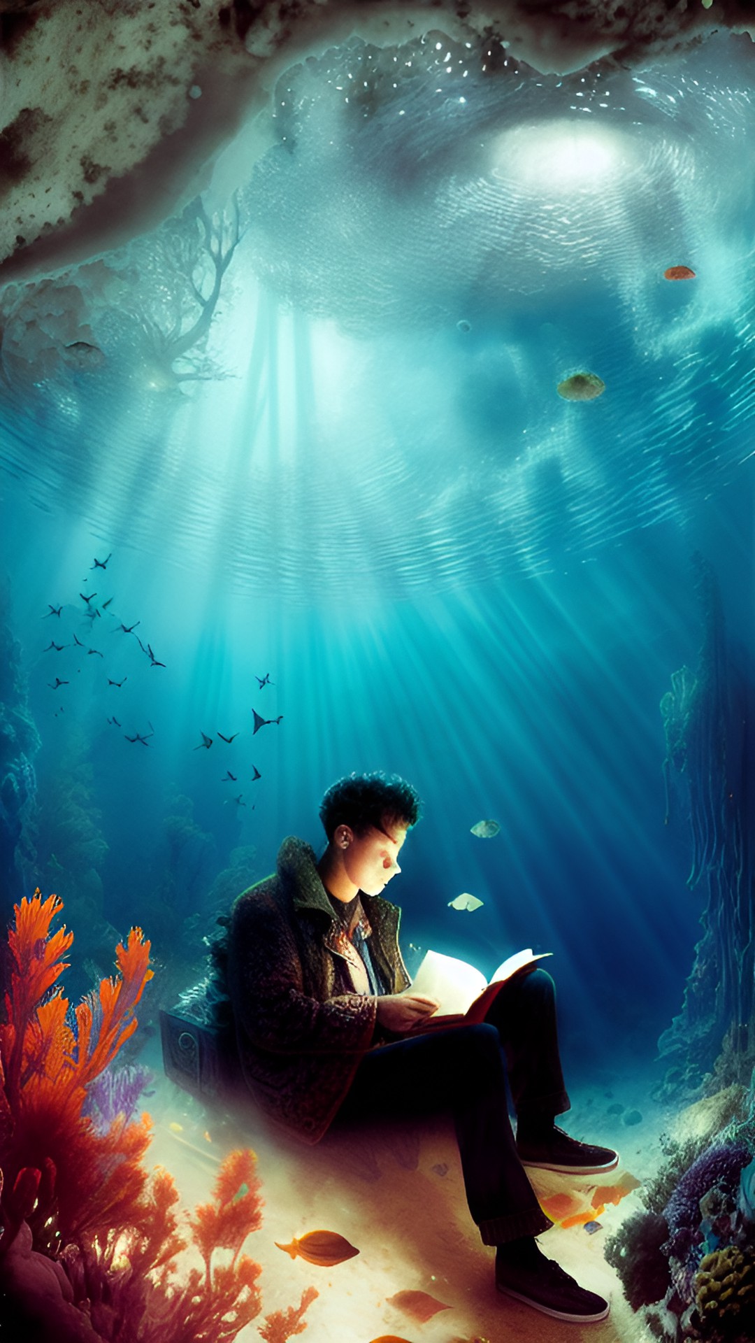 Depths of Magic - a gay guy smoking marijuana reading a book of shadows deep underwater at the bottom of the sea. preparing to astral travel into another realm. preview