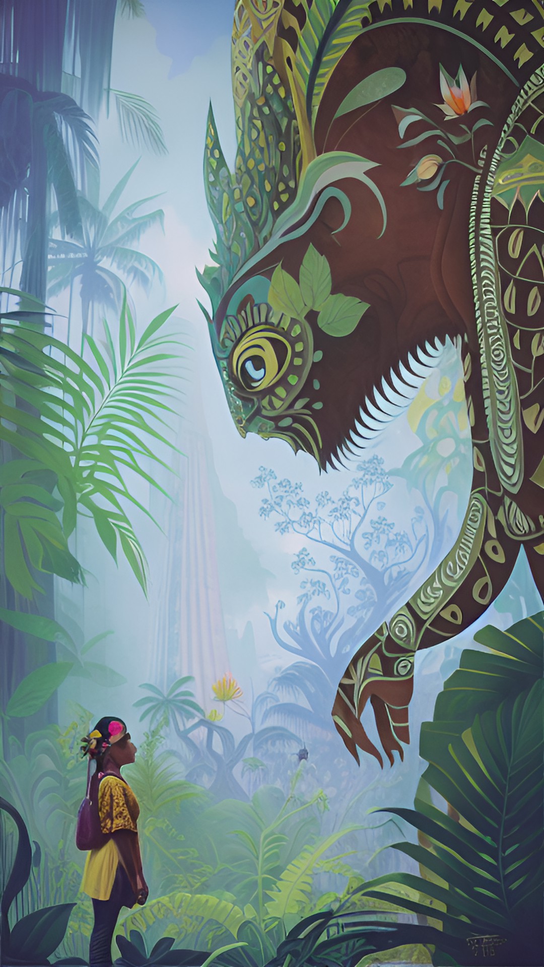 Forest spirit - tiny javanese women wearing yellow batik kebaya, face to face with huge horrible monster. ancient javanese era. jungle background, javanese mainland preview