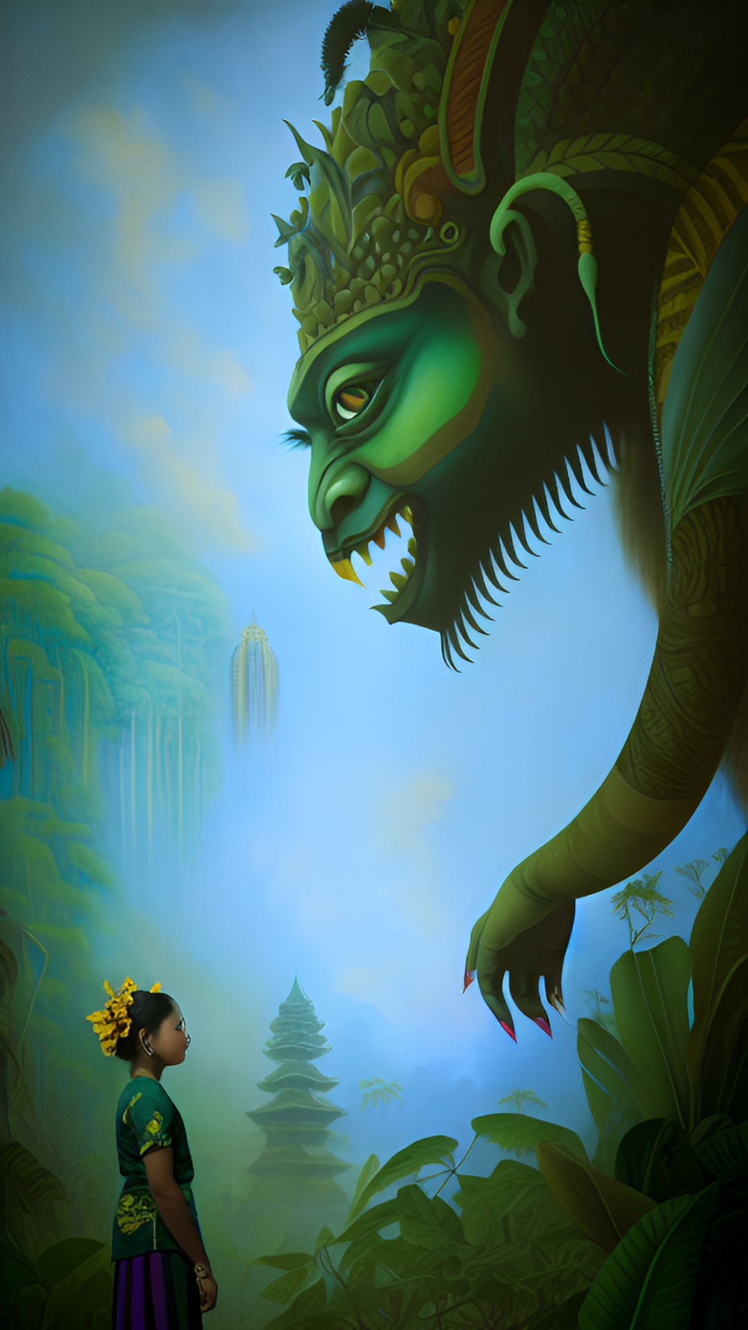 Pure heart vs evil - tiny javanese women wearing yellow batik kebaya, face to face with huge horrible monster. ancient javanese era. jungle background, javanese mainland preview