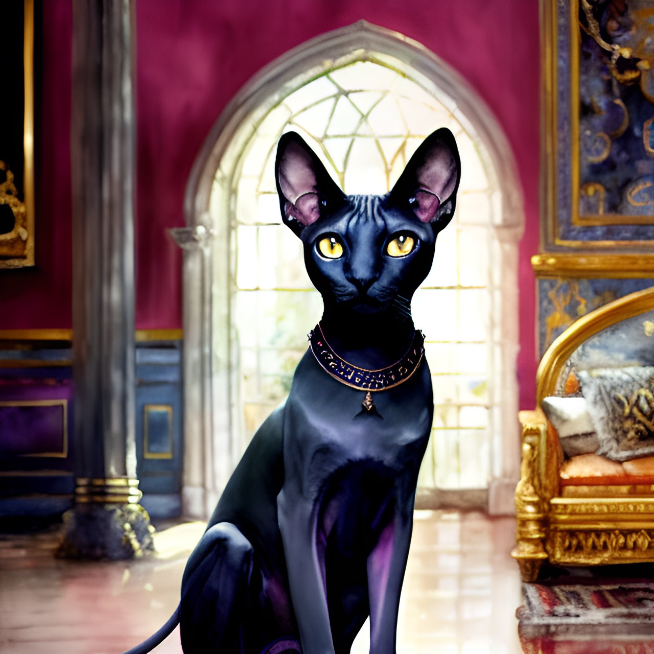 cute sphynx cat sitting on an ornate royal throne preview