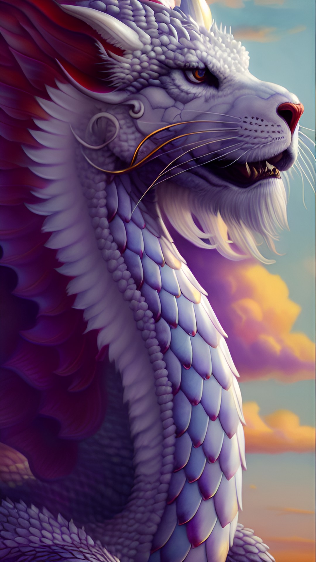 Falkor - silent mother of pearl white dragon. ruby-red eyes, detailed white mother of pearl scales, white mane. long mustaches. burgundy eyes realistic hd hyperrealism super-detailed. clouds.  sunset preview