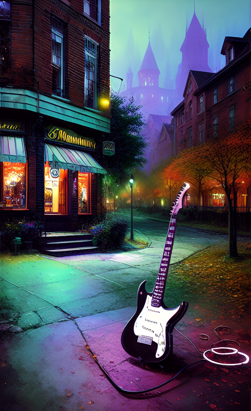 Evening melody - notes, treble clef. ruby shining electric guitar fender. detailed. super-detailed. realistic. happy birthday. hyperrealism. hd preview