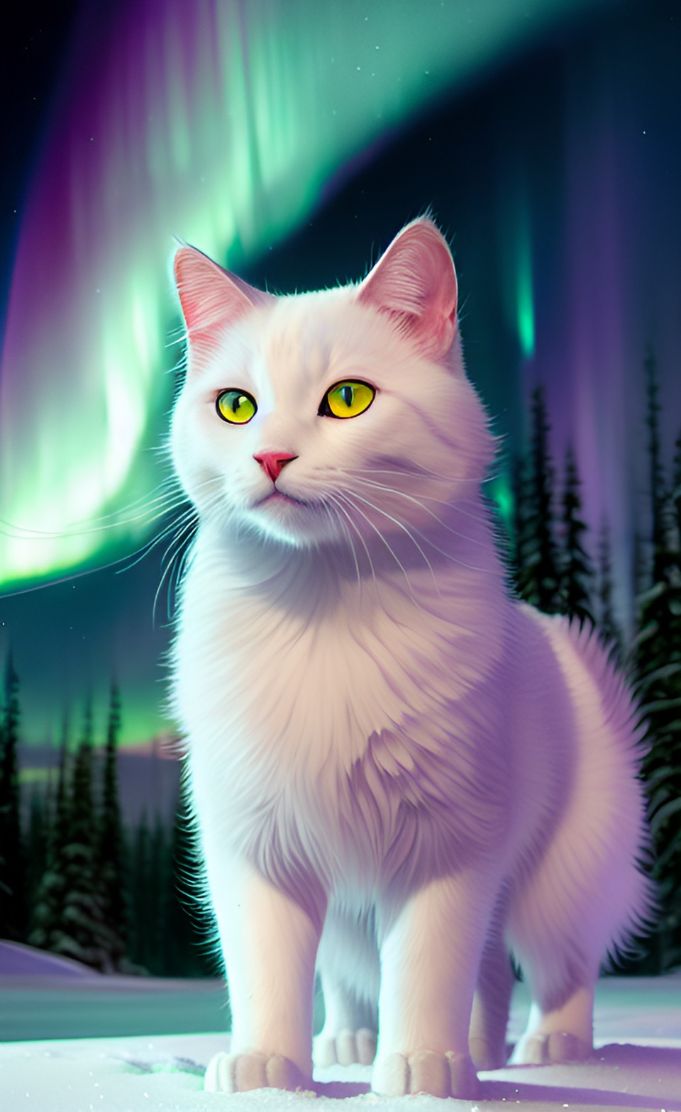 white cat feet wash the nose against the background of the northern lights preview