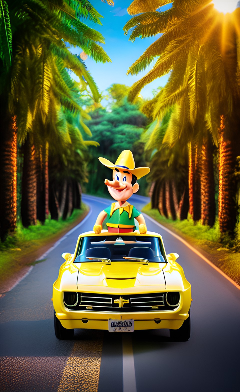 pinocchio sitting in yellow camaro. summer, road in jungles, sun shines from behind preview