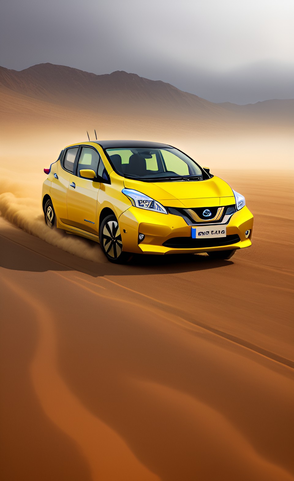 yellow nissan leaf driving through desert in clouds of dust, sandstorm, lightning preview