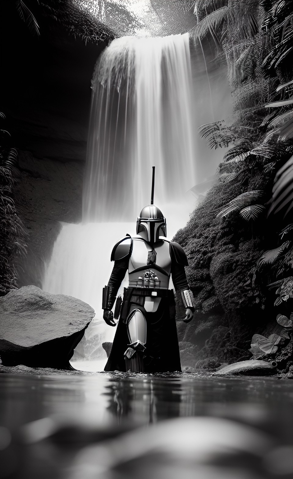 black and white, mandalorian in the waterfall, closeup, jungles, sun comes from behind preview