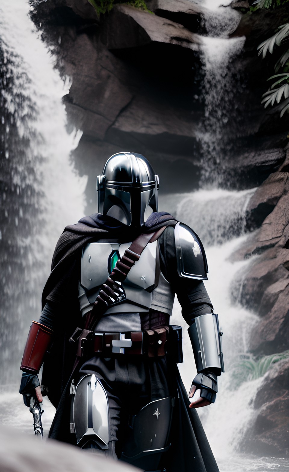 black and white, mandalorian in the waterfall, closeup, jungles, sun comes from behind preview