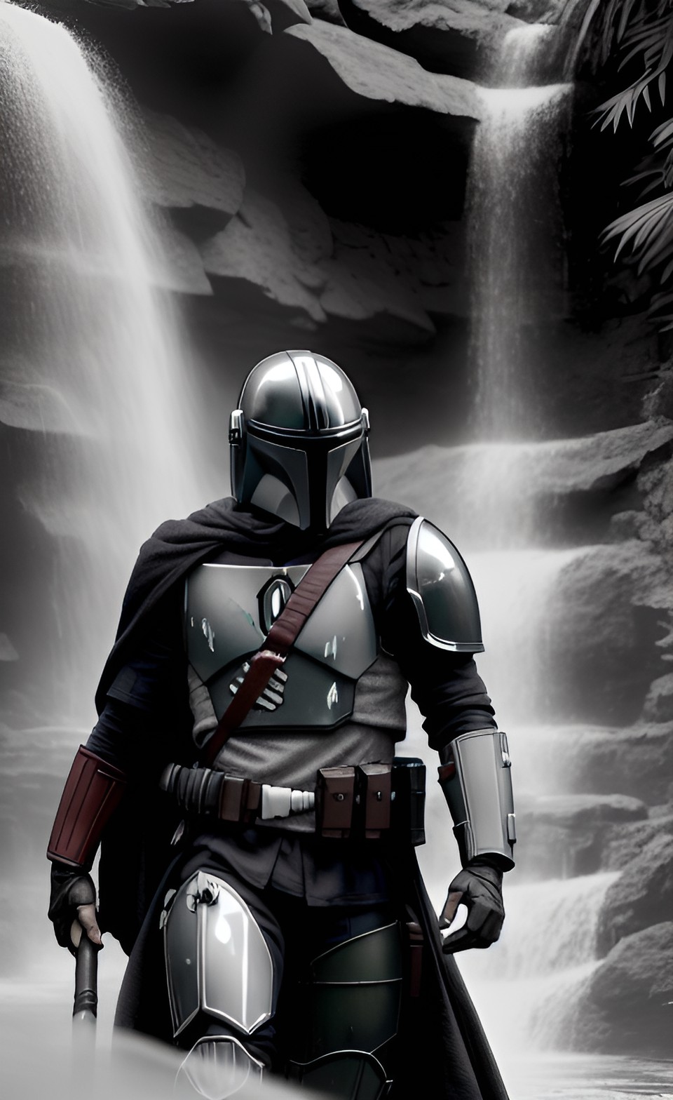 mandalorian in the waterfall, jungles, black and white, sun from behind preview