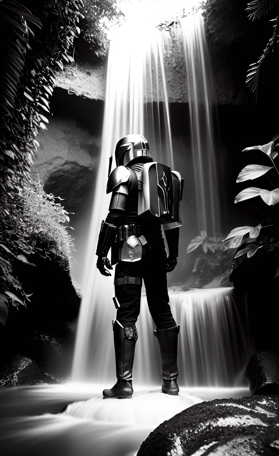 mandalorian in the waterfall, jungles, black and white, sun from behind preview