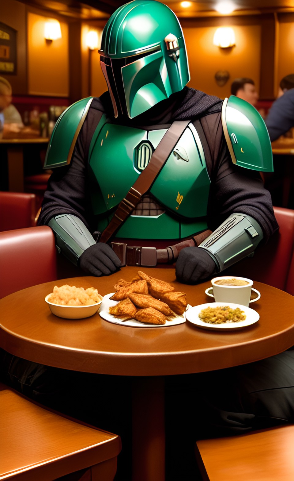 mandalorian sitting in the chair in the irish pub. chiken wings in the table preview