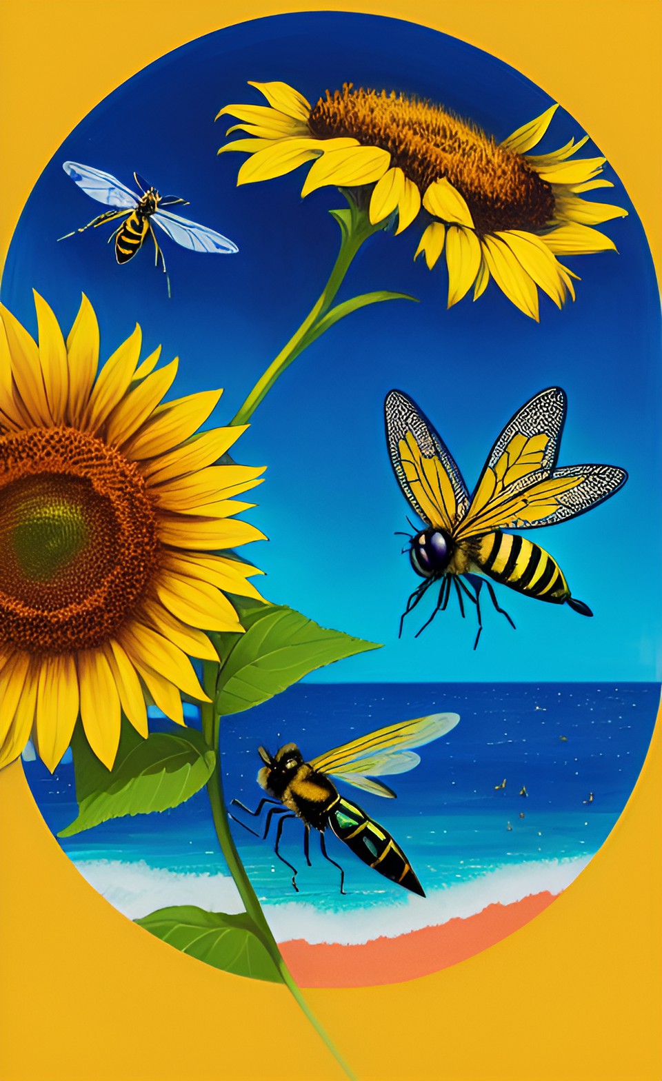 a bee and a dragonfly sitting on a sunflower with the ocean in the background preview