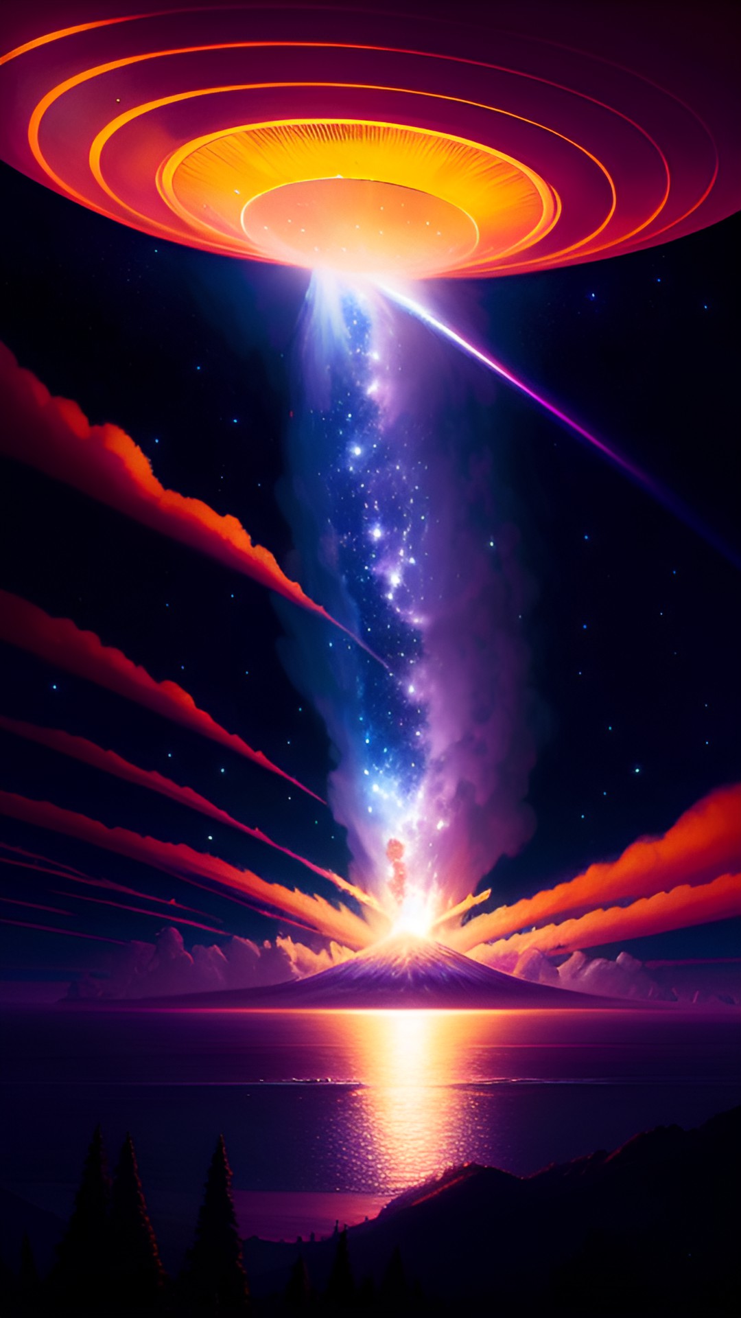 VolcanoEruptMilkyWay - erupting volcano of milkyway clouds. galactic alien agarthian energy. magical zesty & mysterious. creative power. sparkling shimmering moon reflects water. starry sky preview