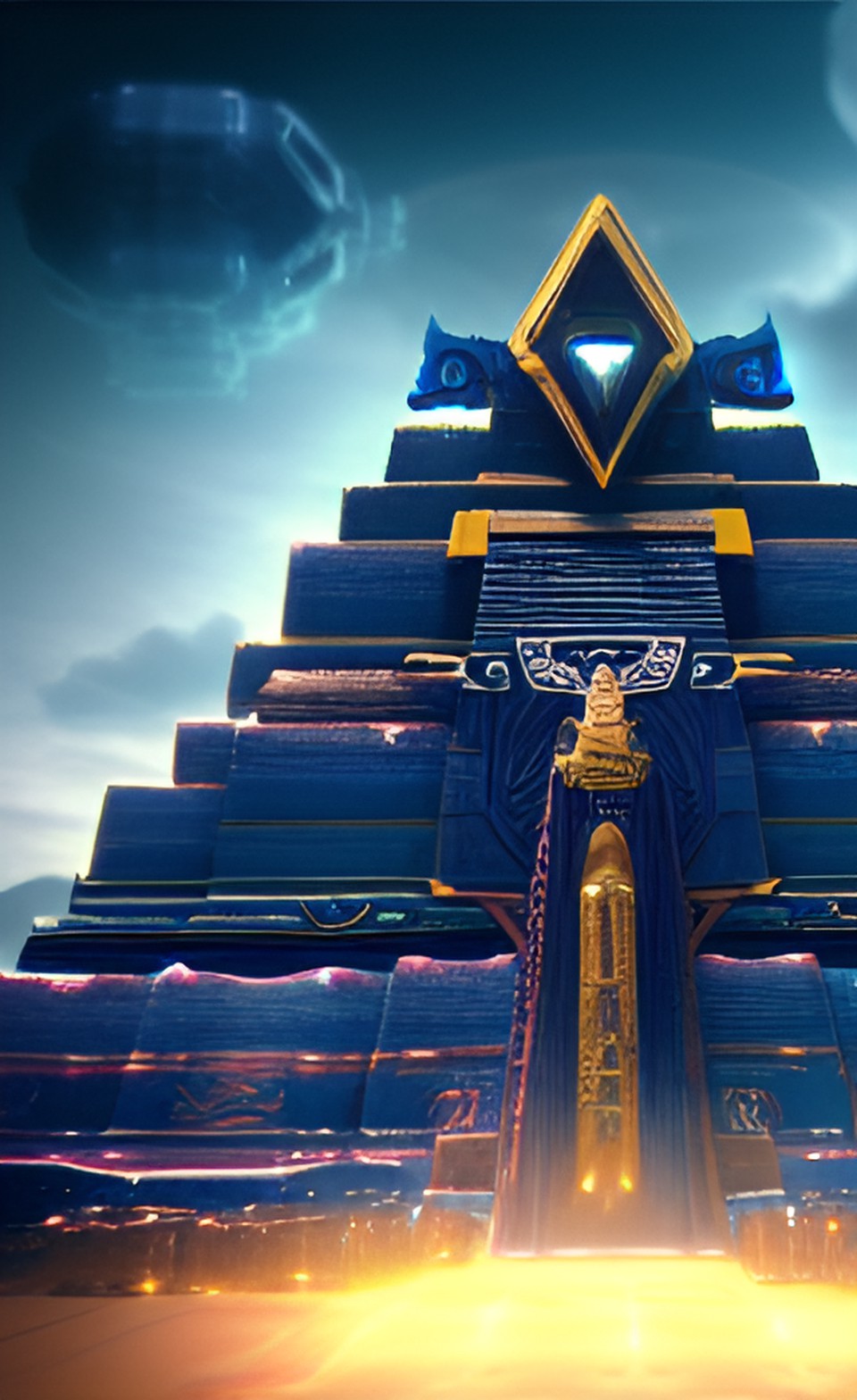 mothership floating in clouds from the future dark indigo and gold alien symbols with close up of osiris temple preview