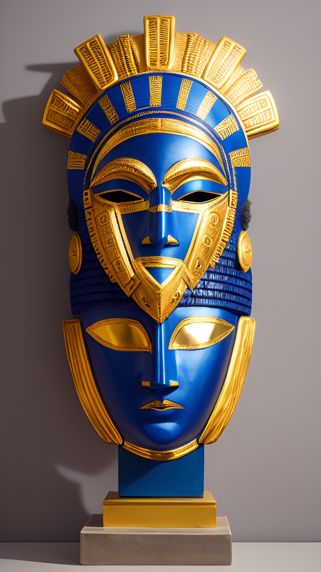 african mask as a greek head bust in blue and gold. preview