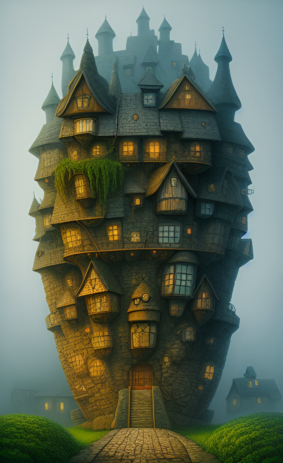 Alchemist's Tower - Jacek Yerka (2023) - jacek yerka ship stone house town city fog mist haze surreal preview