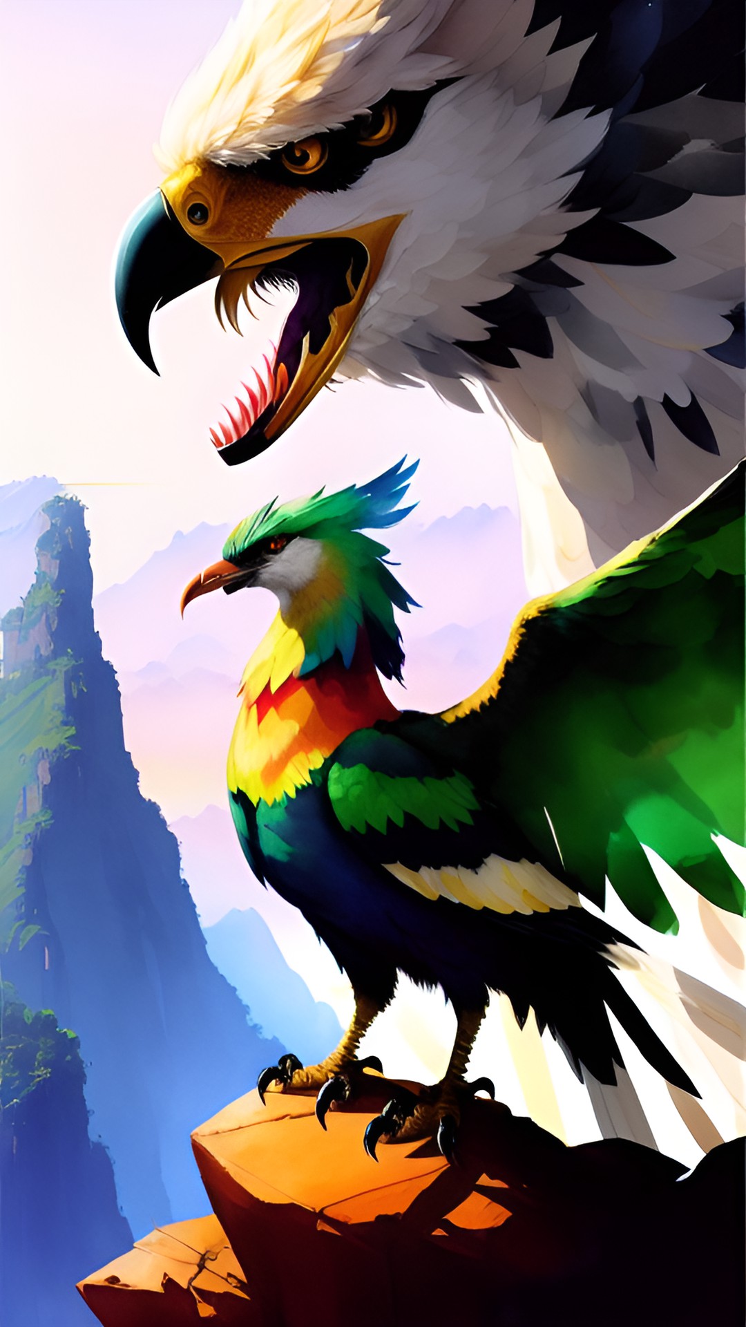 Ancestors - griffin - a fierce griffin with golden feathers, razor sharp claws, and piercing emerald eyes, perched upon a rocky cliff overlooking a vast, magical kingdom. preview