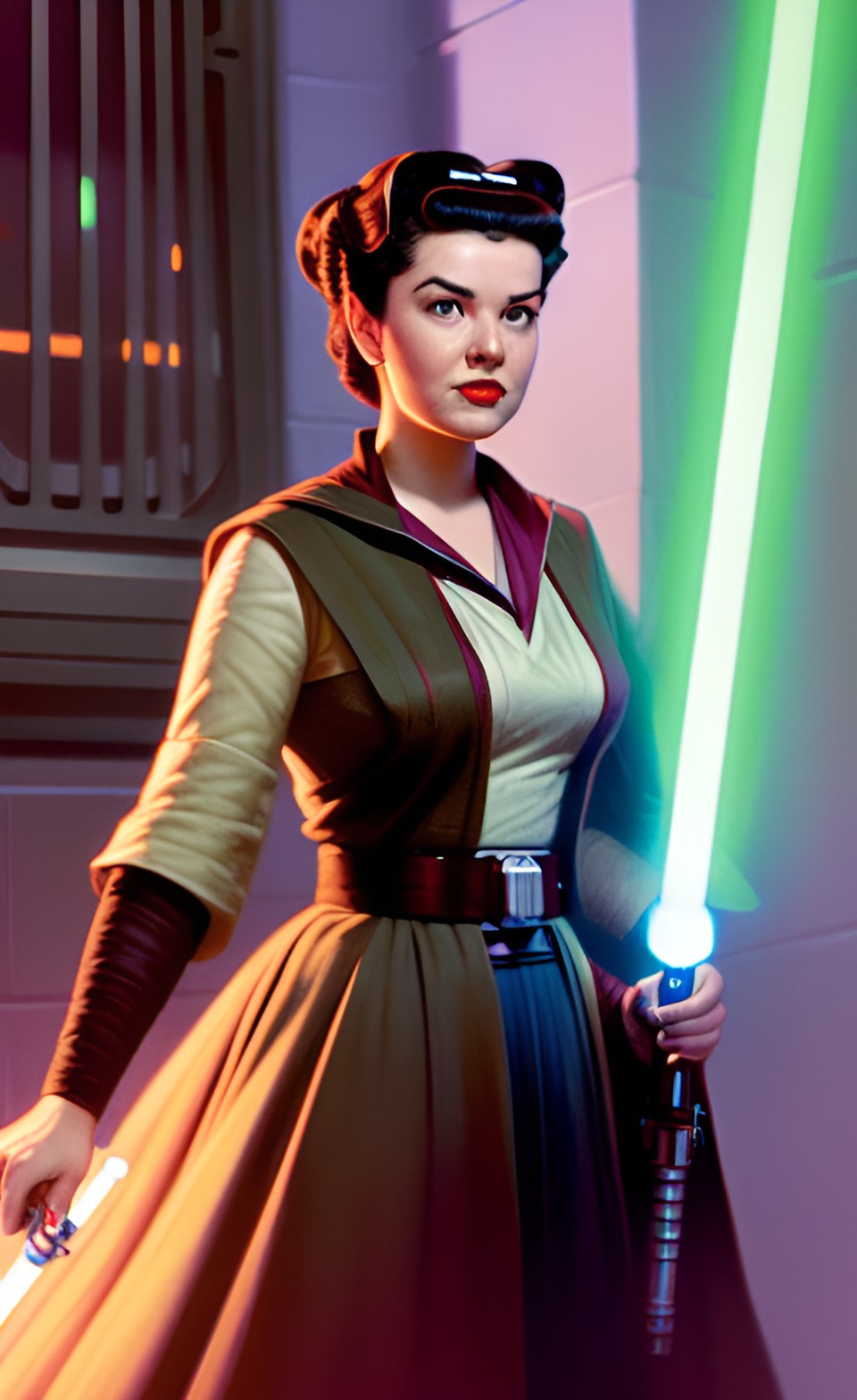 plump 1950s jedi housewife set in the star wars universe. holding a lightsaber with jedi ruins behind her preview