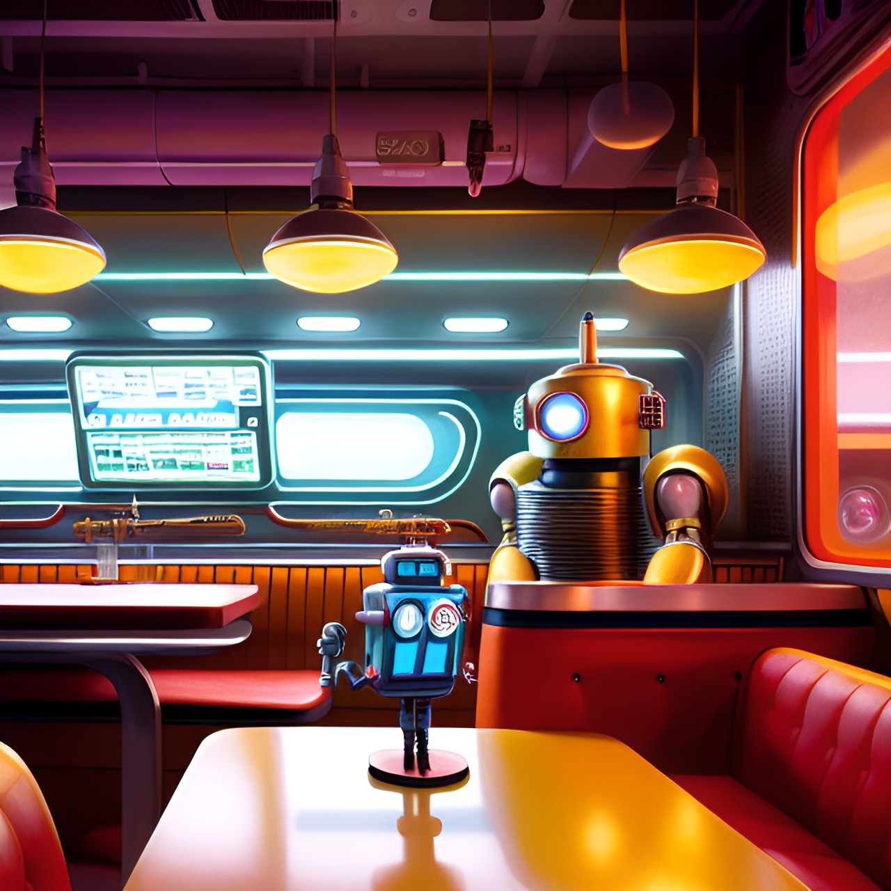 1960s style atompunk robot workin in a diner preview