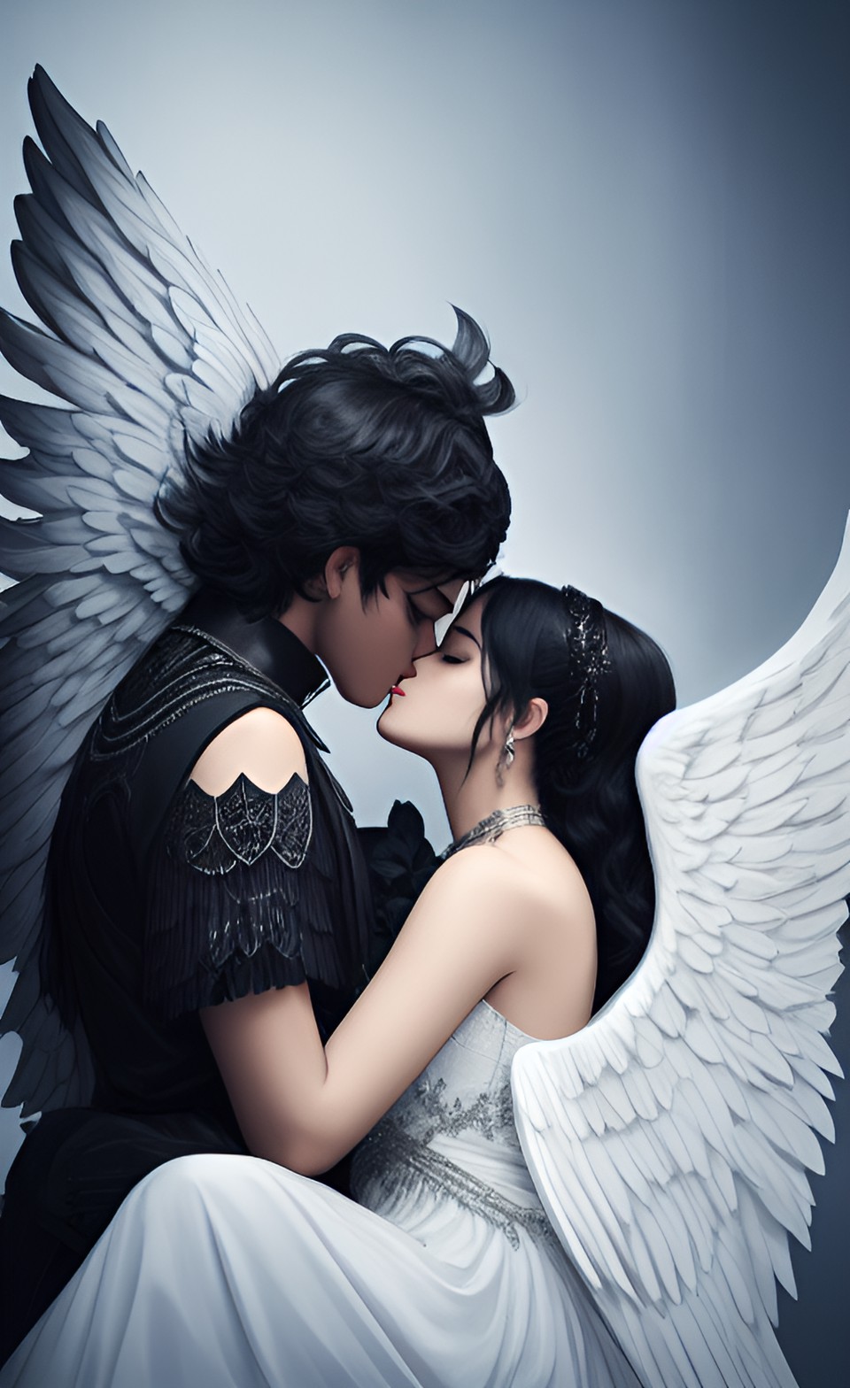 a  angel woman with intricate wings and a fallen angel beside her being , 8k, lovers, kiss preview