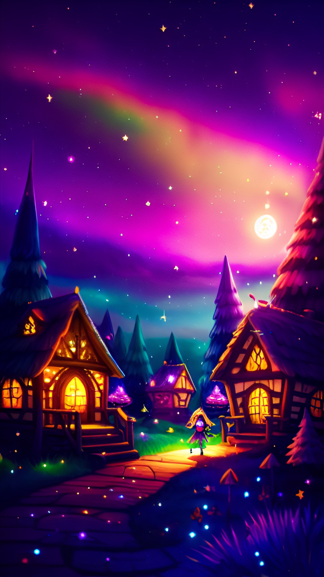 Fantacy Fairy Villag - fantasy magical fairy village bright night. milkyway starry sky in the woods. lots of shimmers & glitter, everything in harmony preview