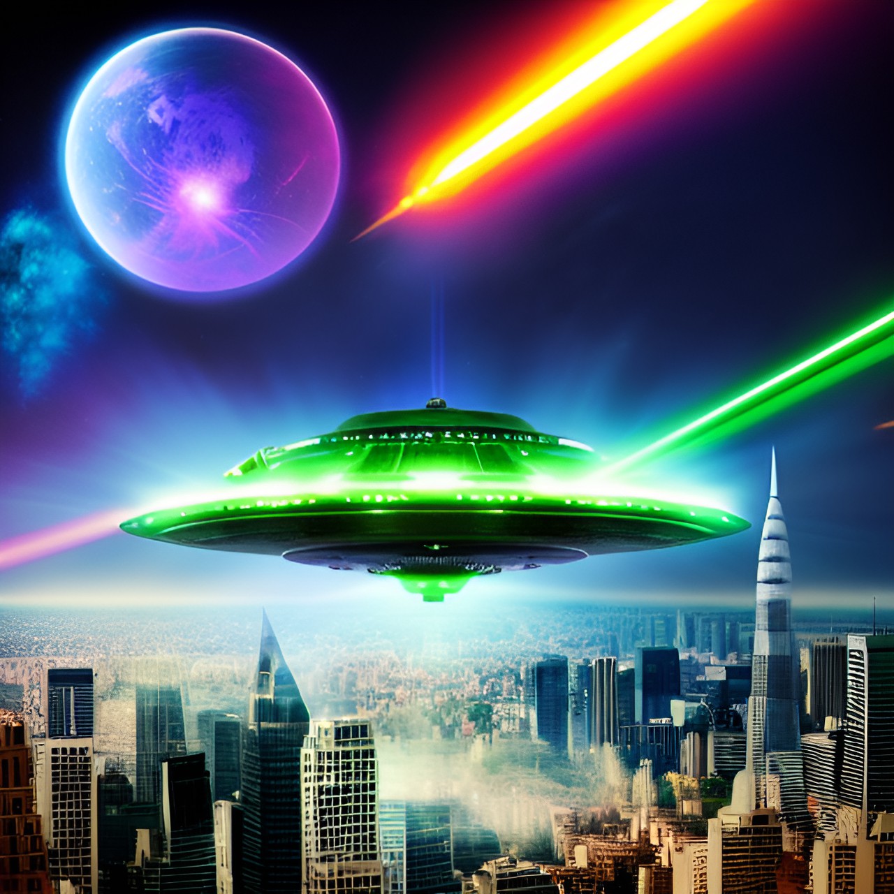 attack ufo - a fierce extraterrestrial spacecraft unleashing a barrage of laser beams on a helpless cityscape, with panicked onlookers scrambling for cover." preview