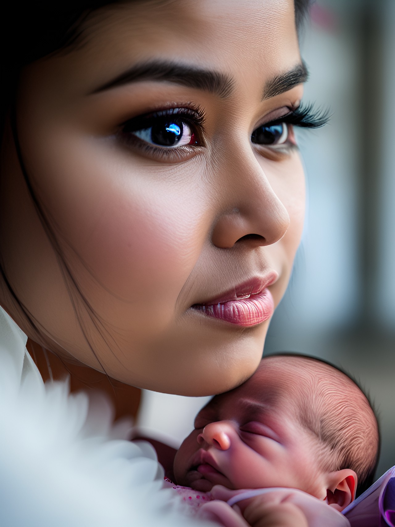 show a woman looking straight ahead with immense love in her eyes.  - a woman gazing deeply into the eyes of a newborn baby, with tears of love streaming down her face and a halo of soft lighting her preview