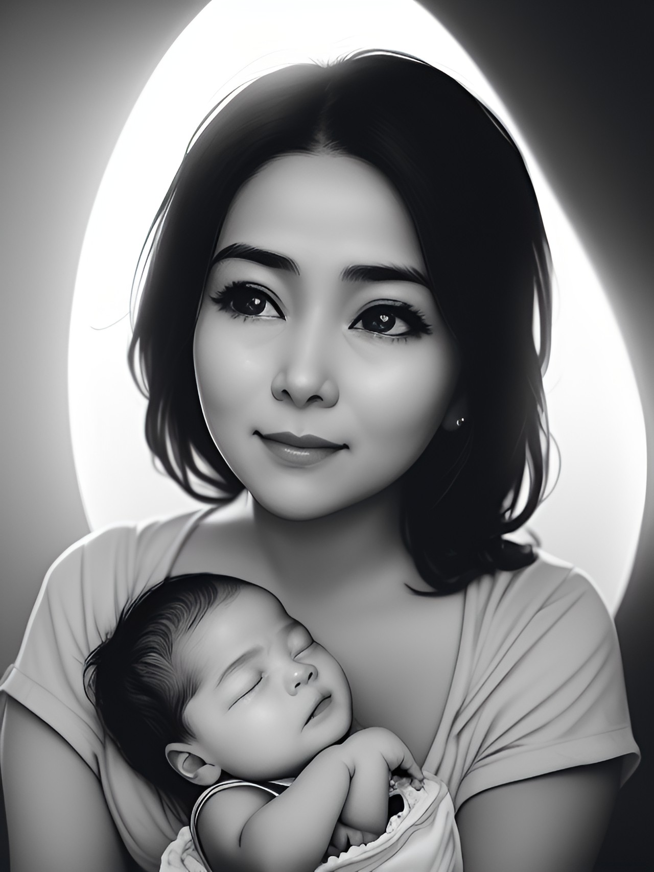 show a woman looking down at baby with immense love in her eyes. - a woman gazing deeply into the eyes of a newborn baby, with tears of love streaming down her face and a halo of soft lighting her preview