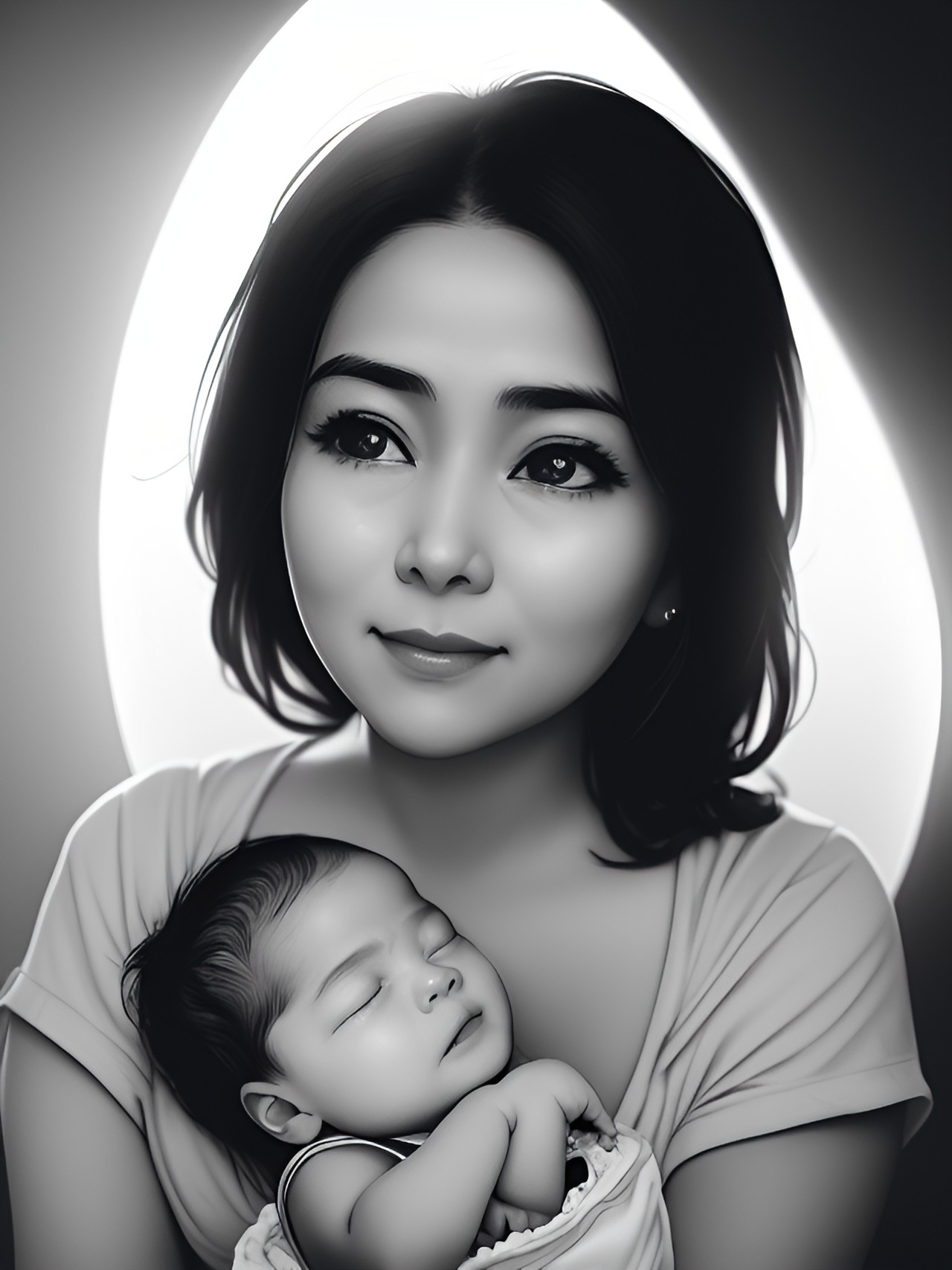 show a woman looking down at baby with immense love in her eyes.  - a woman gazing deeply into the eyes of a newborn baby, with tears of love streaming down her face and a halo of soft lighting her preview