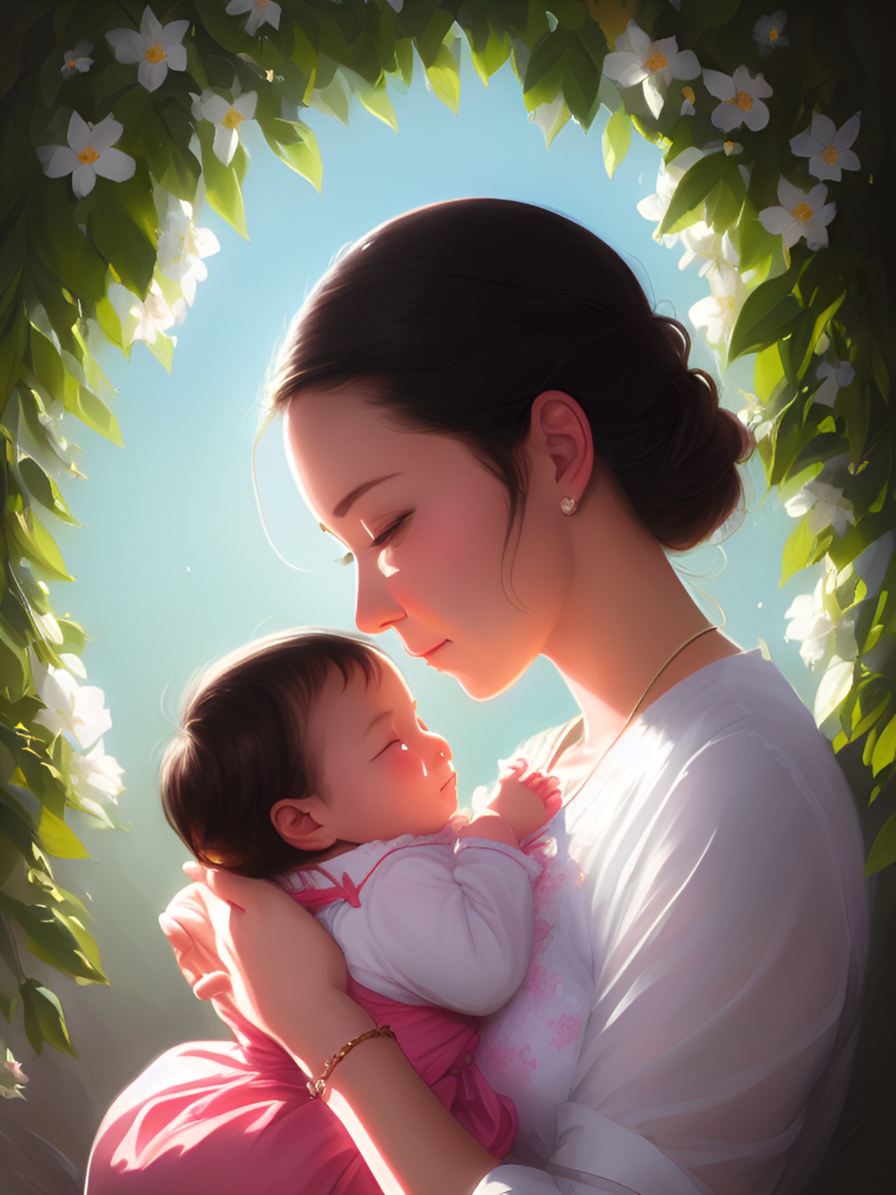 show a woman looking down at baby with immense love in her eyes. - a woman gazing deeply into the eyes of a newborn baby, with tears of love streaming down her face and a halo of soft lighting her preview