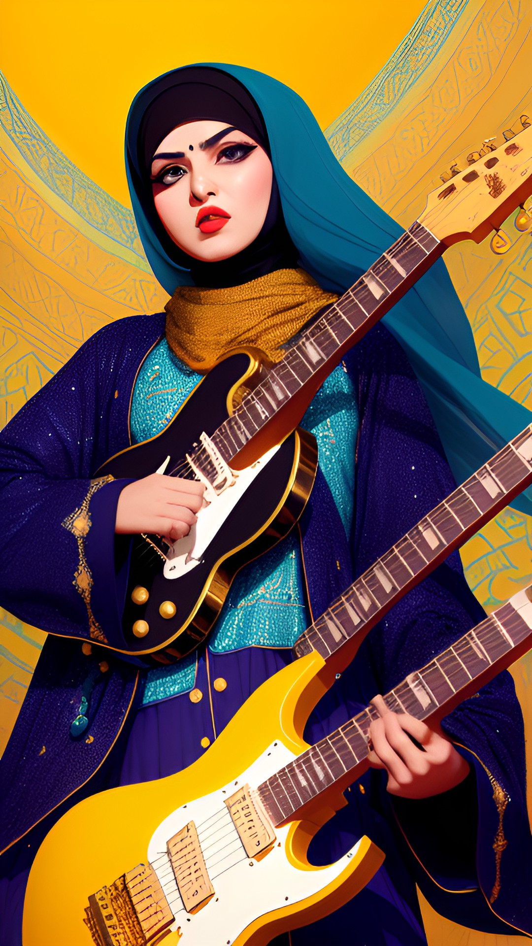 hijabi guitarist with a fierce expression on her face, wearing heavy eyeliner and a large gold nose ring, performing on stage in front of a huge crowd preview