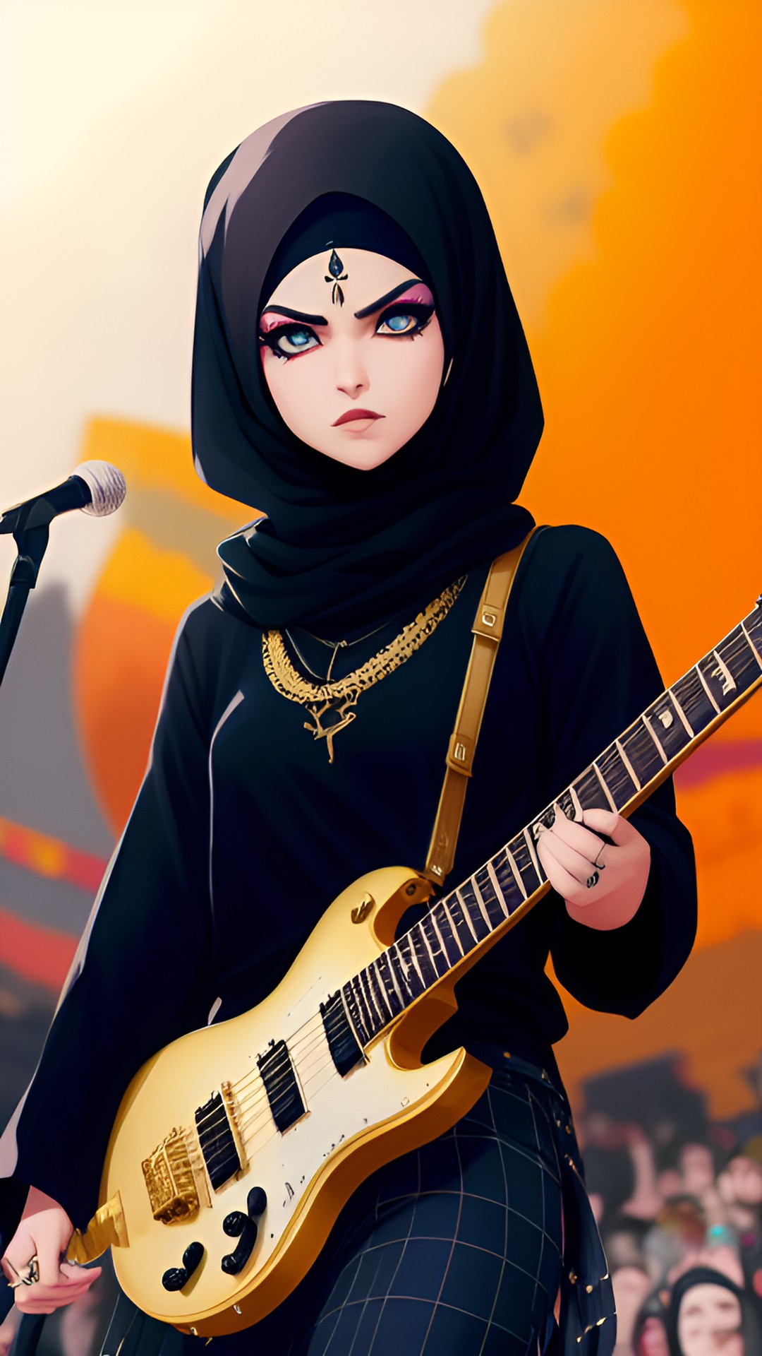 goth hijabi guitarist with a fierce expression on her face, wearing heavy eyeliner and a large gold nose ring, performing on stage in front of a huge crowd preview