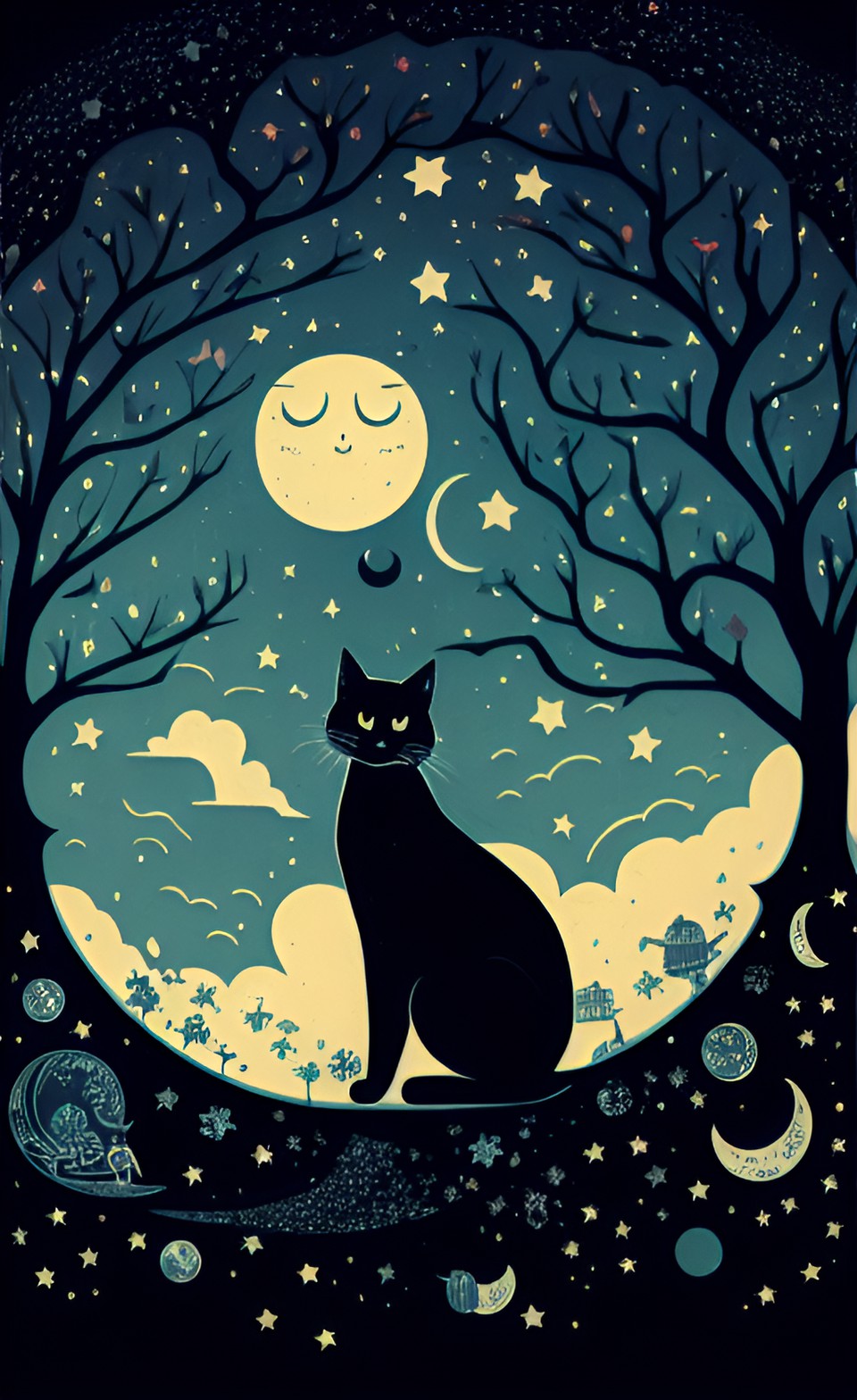 black cat, moon and stars preview