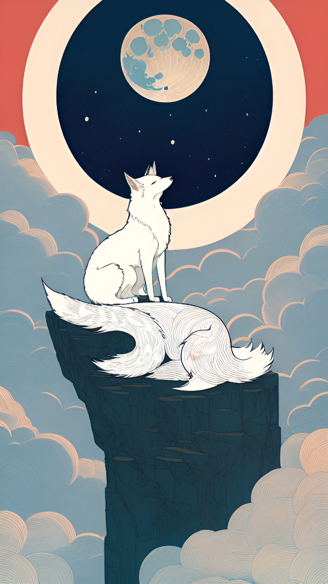 white fox, the white fox has nine tails, sitting on a cliff side as the moon rises preview