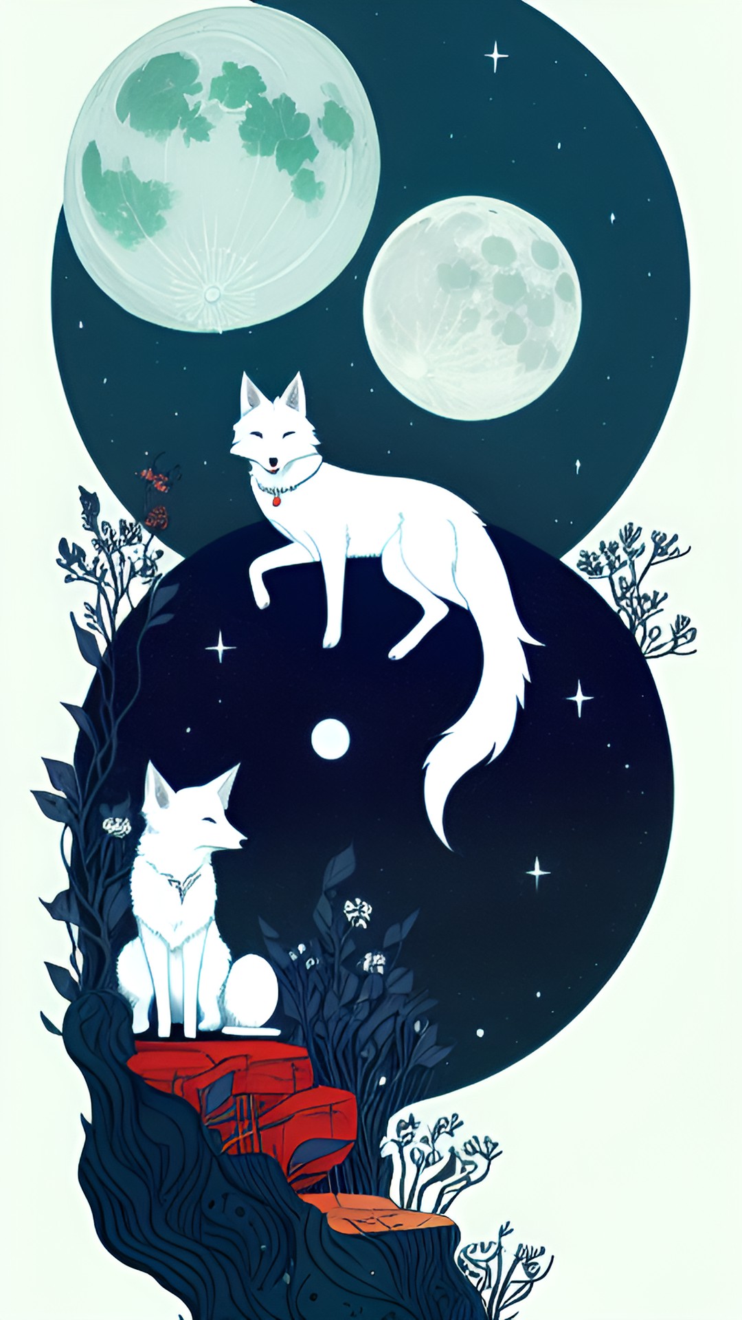 white fox, the white fox has nine tails, sitting on a cliff side as the moon rises preview