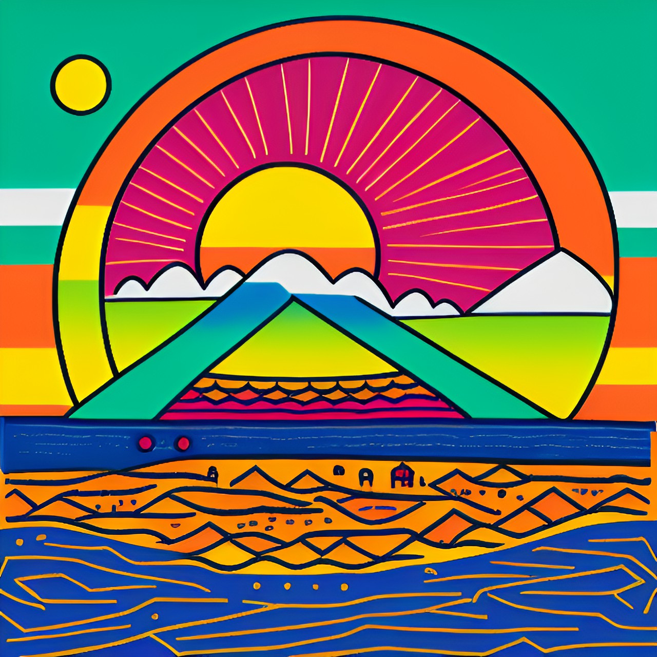 2 - illustration of an ibiza sunset with sand and sea in the style of gaudi crossed with keith haring preview