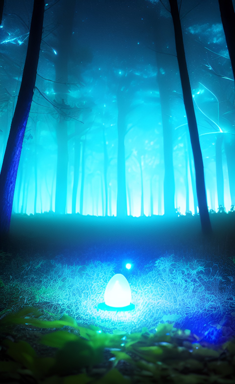 glowing blue puddle in dark forest alien life glowing white light preview