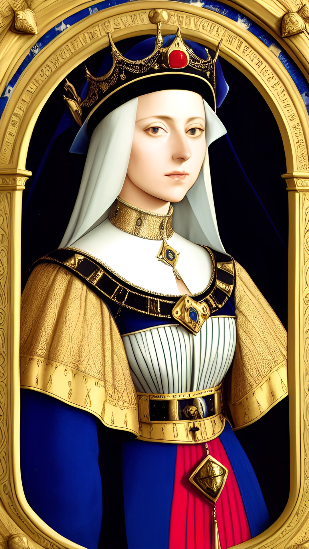 Queen Gaga - lady_gaga_medieval_portrait. regal_queen. corset. long_queen_gown. medieval_fashion_women. small_ornate_crown. hans_holbein. jan_van_eyck. limbourg_brothers. tres_riches_heures. edgy. avante_garde. preview