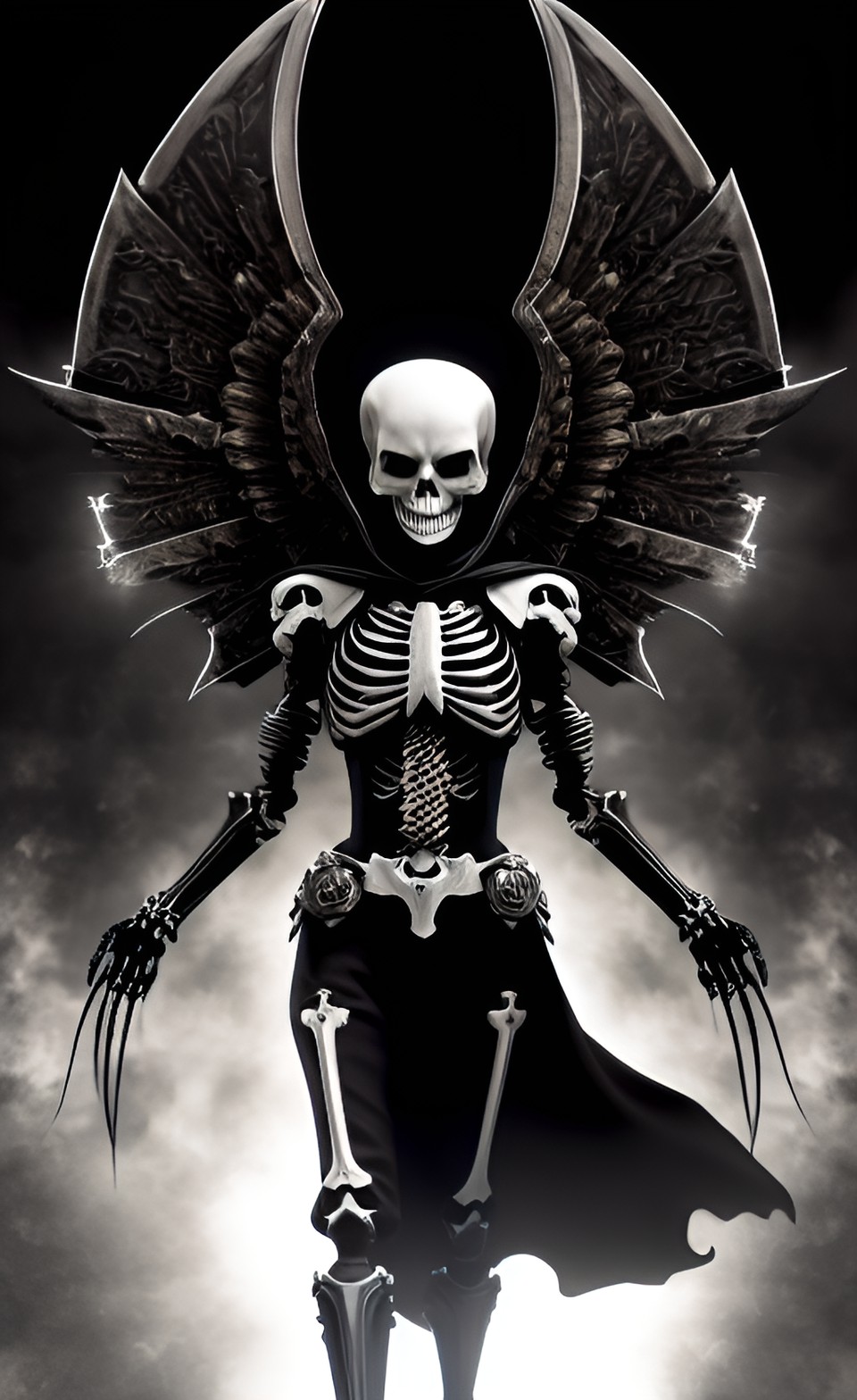 Dark angel - skeleton angel with evil smile, black background preview