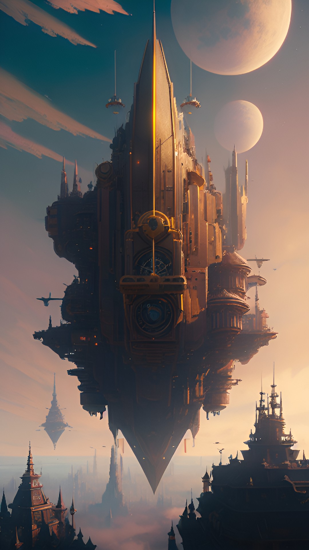 steampunk, triangular dwellings flying above the sky preview