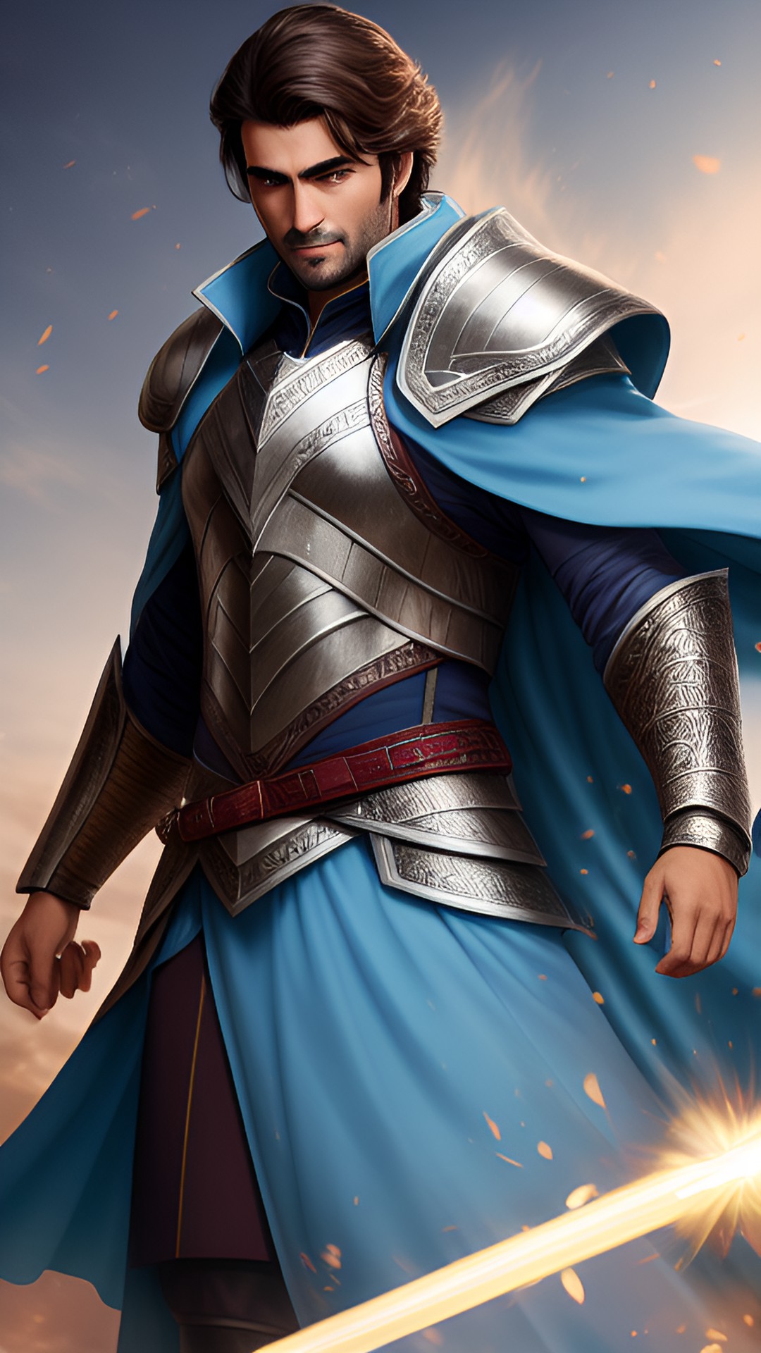 handsome brown-haired turkish man with levitation powers donning silver armor and a very light blue cape. detailed, 4k. preview